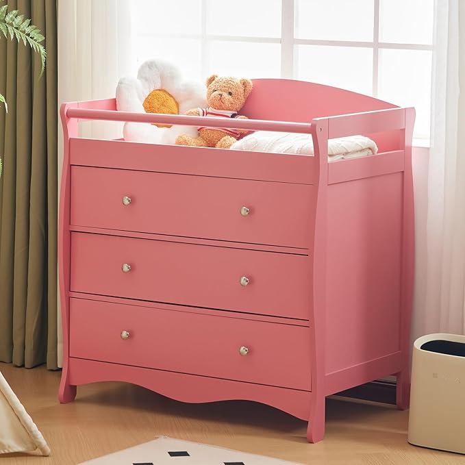 Karl home Changing Table，Dresser Baby Diaper Changing Station Infant Nursing Table with 3 Drawers, Safety Rail & Strap for Bedroom, Nursery, Pink