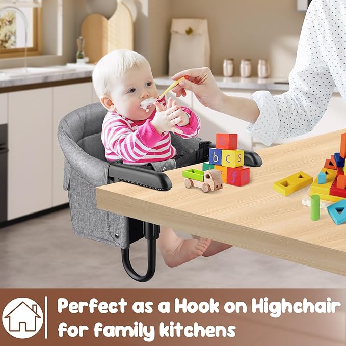 Portable Hook-On Baby High Chair with Clip-On Design & 37 lb Weight Capacity | Foldable Travel & Home Use for Babies 6-36 Months | Includes Storage Bag, Grey