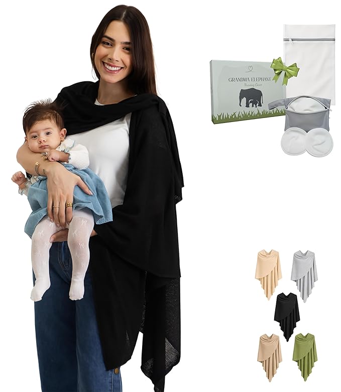 Set Premium Breast Feeding Covers for Women of All Body Types: Ultra Soft Stylish and Breathable Nursing Cover up for Breastfeeding + 4 Reusable Breast Pads for Nursing Comfort (Deep Onyx)