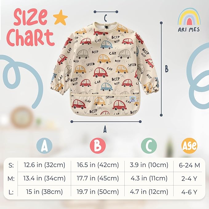 ARI MES Waterproof Long Sleeve Baby Bib for Eating-Cars Pattern, Large-Toddler Smock with Catch-All Pocket, BPA Free, Machine Washable, Wearable Feeding Bib for Boys & Girls 6-72 Months