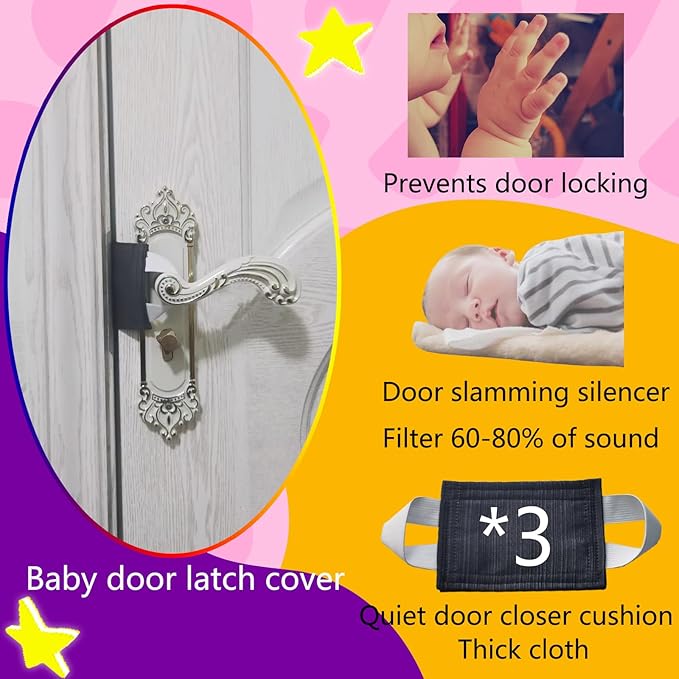 Baby Proof Door Silencer & Cloth Latch Cover, Quiet Close Anti-Slam Pads to Prevent Slamming and Accidental Locking, for Nursery and Toddler Safety (3, Dark Gray, 4.1 * 3.1 inches)