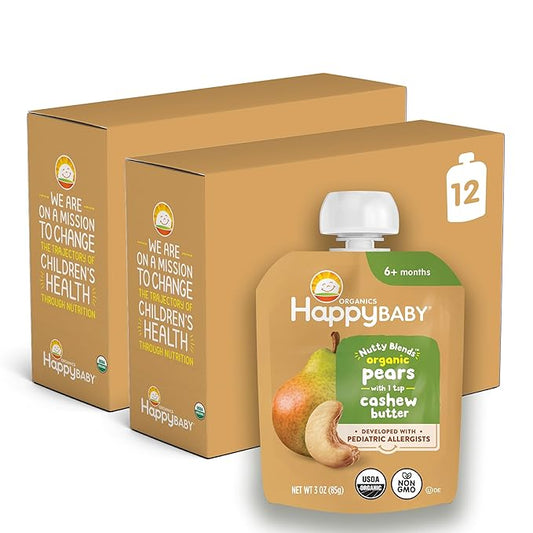 Happy Baby Organics Stage 2 Baby Food Pouches, Gluten Free, Vegan Snack, Nutty Blends, Pears & Cashew Butter, 3 Ounce (Pack of 12)