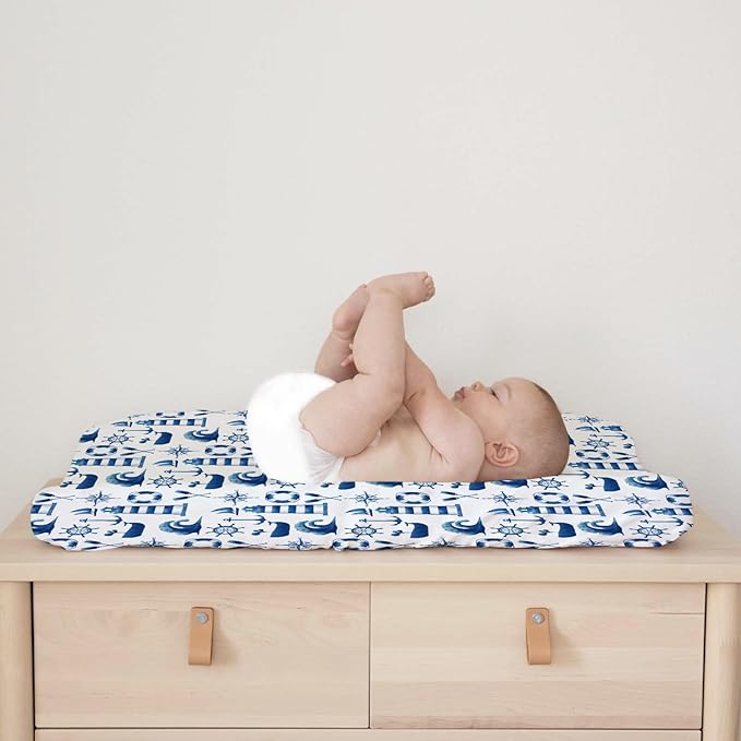 Navy Nautical Life Changing Pad Cover Marine Ocean Lighthouse Compass Whale Changing Table Cover for Baby Boys Girls Soft Breathable Stretchy Fitted Diaper Changing Mat Sheets 32''x16''
