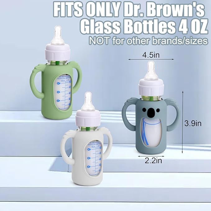 3 Pack Silicone Sleeves for Dr. Brown's Glass Bottles 4 OZ - Anti Breakage Baby Bottle Holder, Compatible with Dr. Brown's Glass Bottles for Babies with Handle(Not Compatible with Other Products