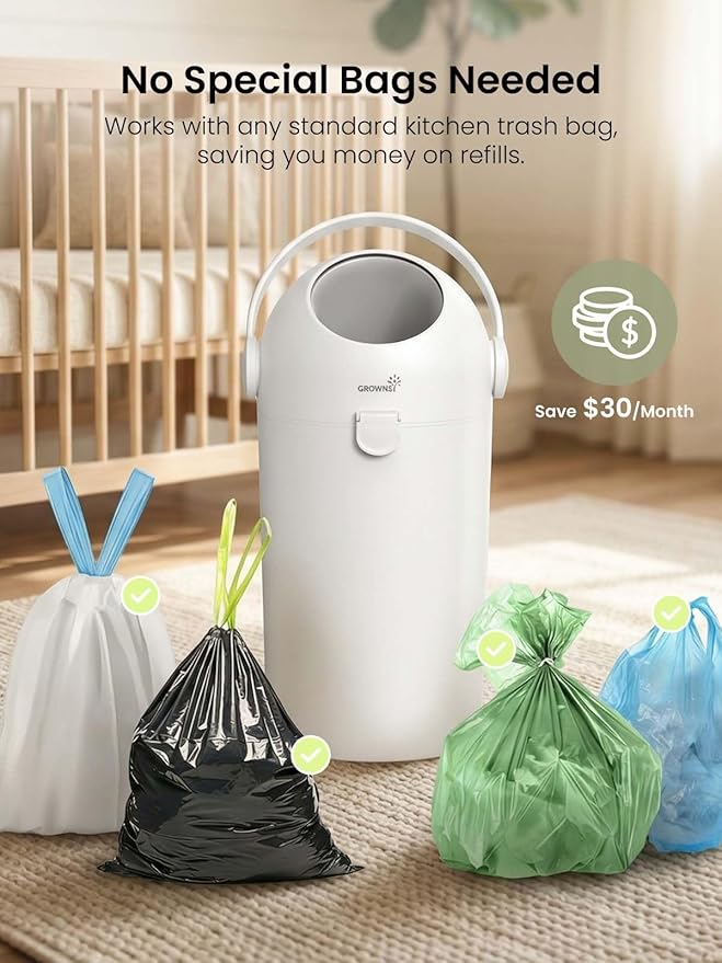 Grownsy Baby Diaper Pail, Odor-Locking Roll-Top Design, No Special Bag Required, One-Handed Use & Compact Design, Eco-Friendly Diaper Trash Can, Newborn Essentials, White