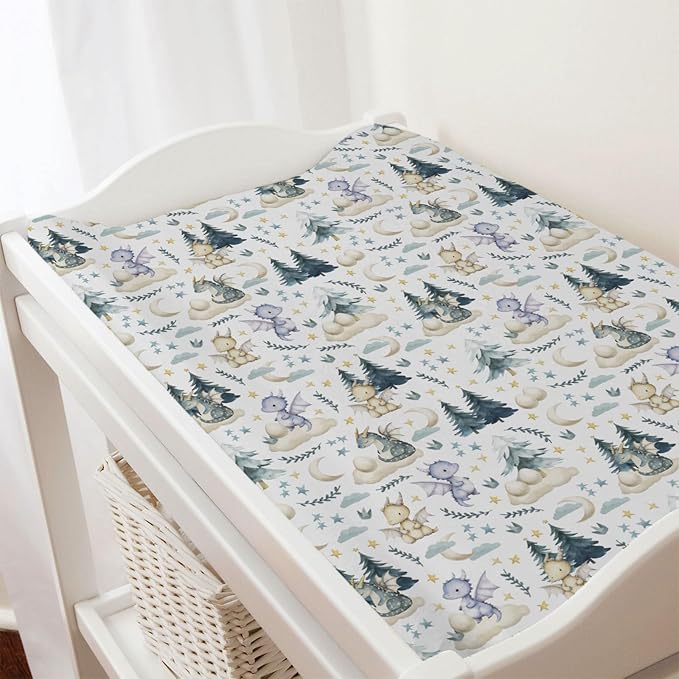 Fairytale Dragons Baby Changing Pad Covers for Boy Girl 32''x16'' Cute Dragons Eggs Moon Stars Trees Fitted Diaper Change Table Pad Sheets Dreamy Animal Soft Breathable Nursery Changing Table Mats