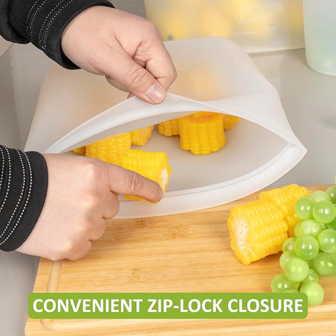 100% Silicone Reusable Storage Bag, 12 Pack Stand-Up Wide-Mouth Zip-Lock Food Storage Bags, Easy-Fill Easy-Open Easy-Clean Space-Saving, Microwave & Dishwasher Safe, Gallon/Sandwich/Snack, Translucent
