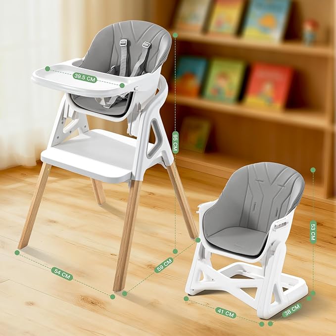 Baby High Chair, Babies and Toddlers Convertible Slim High Chair with 6 Growing Stages from Infant to Toddler Seating with Removable Tray, Easy to Clean,Gray Cushion