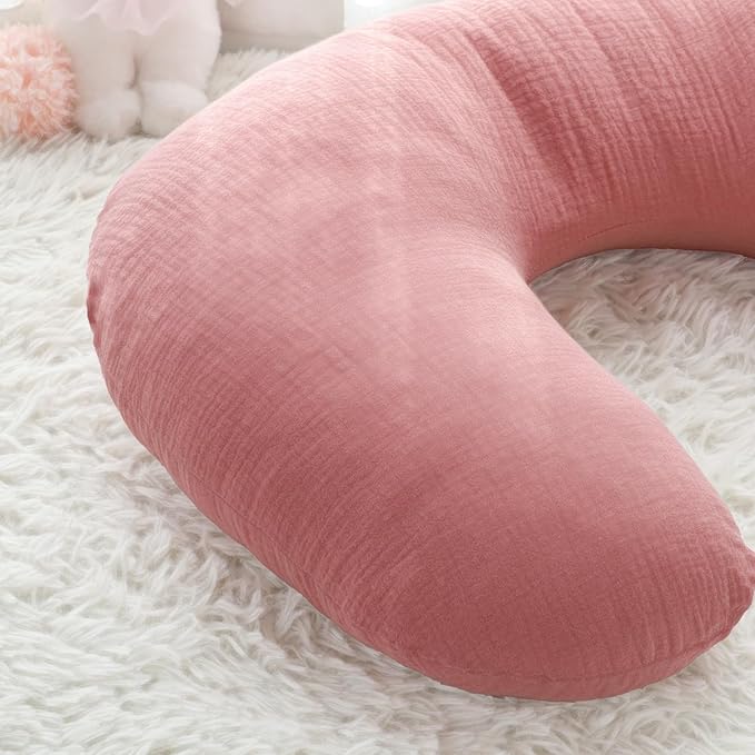 DILIMI Muslin Nursing Pillow Cover 2 Pack, Removable Nursing Cover for Breastfeeding Pillows, Ultra Soft Comfortable Slipcover for Baby Girl and Boy, Pink and Checkered