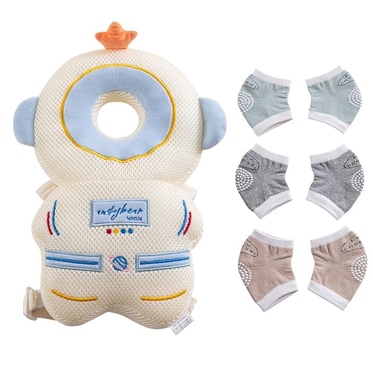 Baby Head Protector Cushion Backpack with 3 Baby Knee Pads for Walking & Crawling. (Mesh Astronaut)