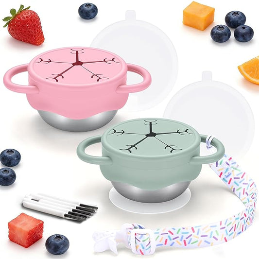 Qtencas 2 Pack Stainless Steel Snack Containers for Toddlers with Spill-Proof Silicone Lids and Handles, Food Grade Snack Cups for Toddlers Kid（Pink and Green）