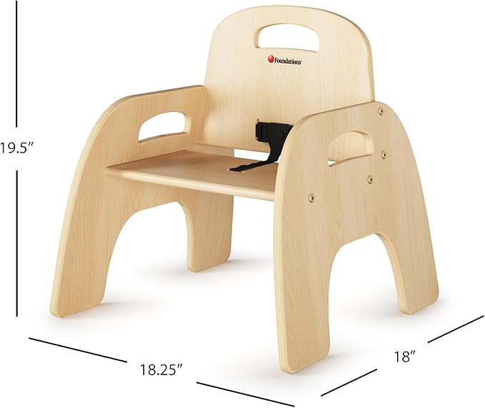Foundations Simple Sitter Low Wood Feeding Chairs Multipack, Wide No-Tip Base, Adjustable Safety Harness, Stackable Wood Toddler Chairs with Wipeable Finish, 2 Pack, 9 inch