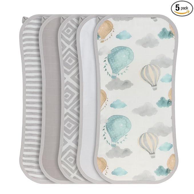 Featherhead 5 Pack Muslin Baby Burp Cloths for Boys & Girls, 22" X 11", Premium Cotton Muslin and Terry Spit up Rags, Super Soft and Absorbent (Green Hot Air Balloons)