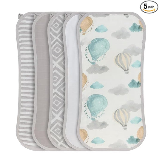 Featherhead 5 Pack Muslin Baby Burp Cloths for Boys & Girls, 22" X 11", Premium Cotton Muslin and Terry Spit up Rags, Super Soft and Absorbent (Green Hot Air Balloons)