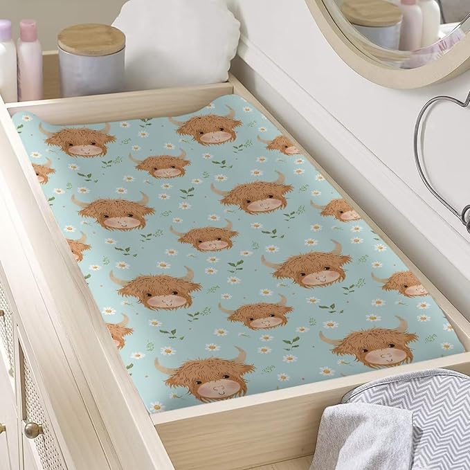 Highland Cow Baby Changing Pad Cover Neutral Flower Diaper Changing Table Covers Cattle Newborn Infant Changing Table Sheets Mat Toddler