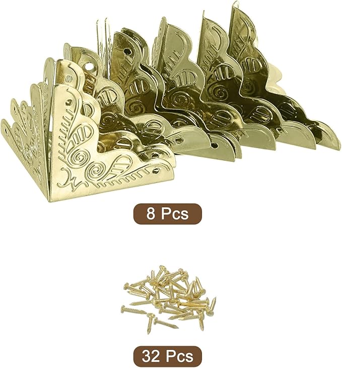 uxcell 8 Pcs Metal Box Corner Protectors 1"x1" Corner Protectors Decorative with Mounting Screws for Storage Box Cabinets Wooden Chest, Gold Tone