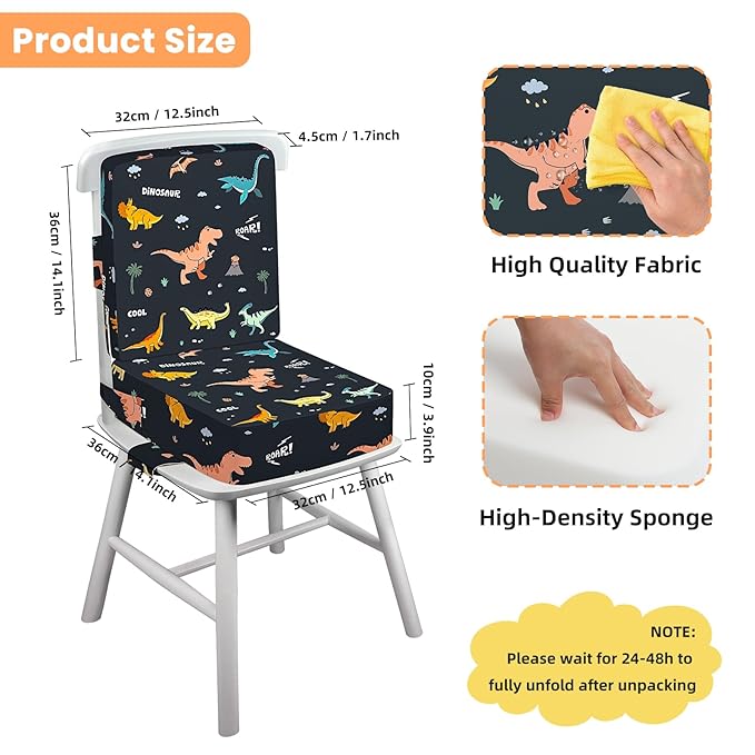 Toddler Booster Seat for Dining Table with Adjustable Straps, Kids Booster Seat for Kitchen Chair with Non-Slip Bottom, Portable Detachable Washable Increasing Cushion (Dinosaur)
