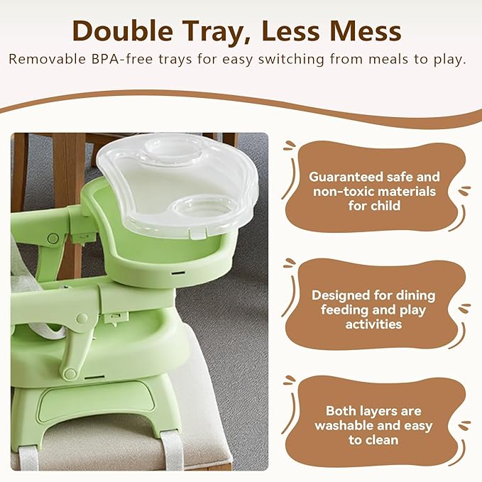 Booster Seat for Kitchen Chair, 3-in-1 Foldable & Portable Booster Seat with Tray, Extra Dishwasher-Safe Tray, Safety Straps for 6–18M (Up to 30 lbs), for Dining Table & Travel, Green