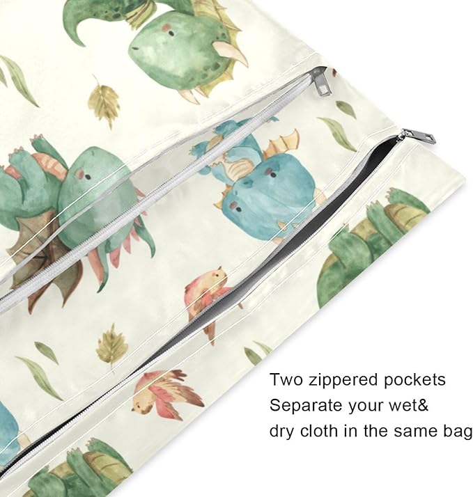 Watercolor Dragon Wet Dry Bag for Baby Cloth Diaper Waterproof Reusable Travel Wet Bag with Two Zippered Pockets for Swimsuits, 2 Pcs
