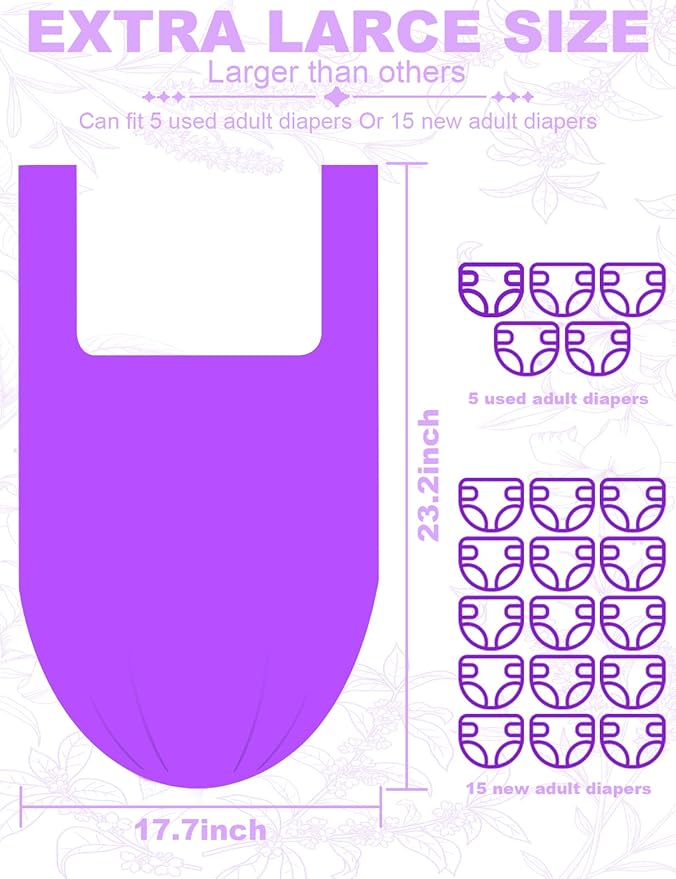 Large Adult Diaper Disposal Bags 23"x18" with Wall Mount Storage Box, 96 Pcs Disposable Diaper Sacks, Odor Lock to Reduce Embarrassment, Travel & Incontinence Disposal Bags for Home & Travel, Purple