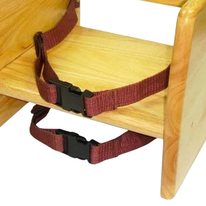 TrueCraftware– 17" Children Booster Seat Natural Wood Finished Rubber Wood with Harness Straps Seat Back Support Maximum Knock-Down Package Stackable Booster Seat for Dining Table