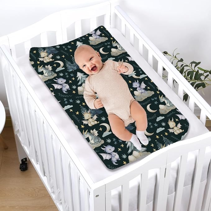 Fairytale Dragons Baby Changing Table Pad Covers Boy Girl 32''x16'' Cute Dragons Eggs Moon Stars Trees Fitted Diaper Change Table Mats Dreamy Animal Soft Breathable Nursery Cradle & Bassinet Sheets