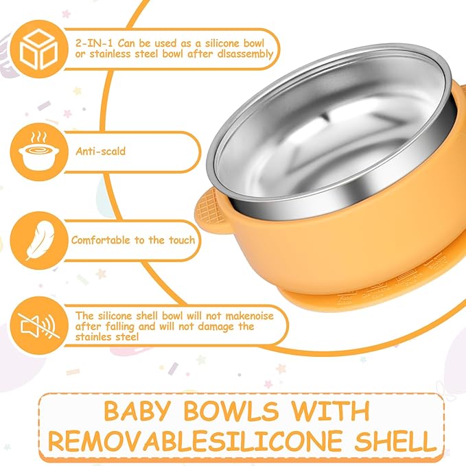 6 Pack 304 Stainless Steel Baby Bowls with Removable Non-Slip Silicone Shell, Suction Bowls for Baby, Scald-Resistant Food Containers, for Kids, Babies Food Feeding（6 Colors）