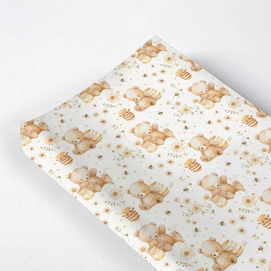 Cute Bears Bee Flowers Floral Pattern Baby Changing Pad Cover, Unisex Bear Nursery Diaper Changing Table Pad Mat Sheet for Boys Girls-16x32