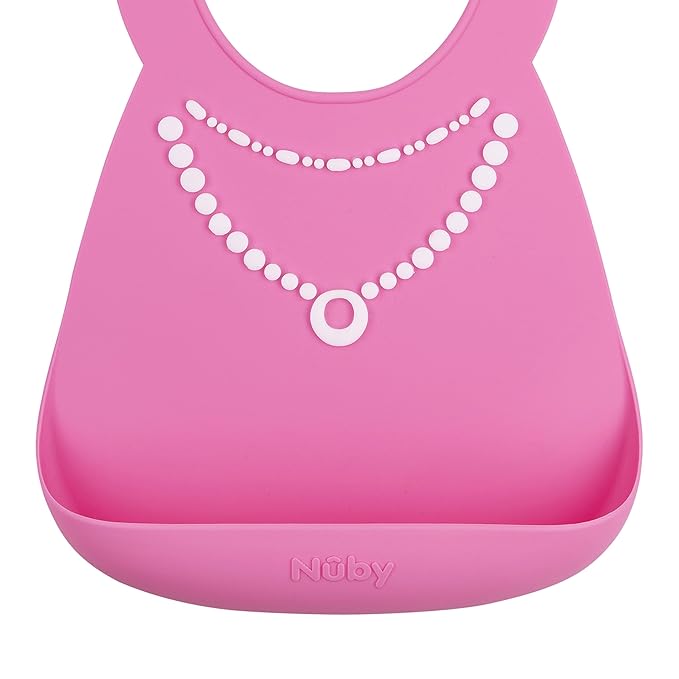 Nuby 3D Soft Silicone Baby Bib with Scoop - Silicone Bib for Toddlers and Babies 6+ Months - Pearl Necklace