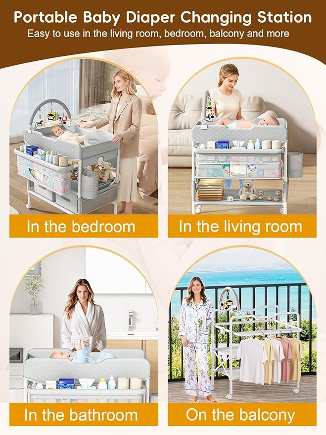 Baby Changing Table with Drawers, Waterproof Versatile Folding Diaper Changing Station with Storage, Adjustable Height, Portable Diaper Chang ing Station, Mobile Nursery for Infant and Newborn