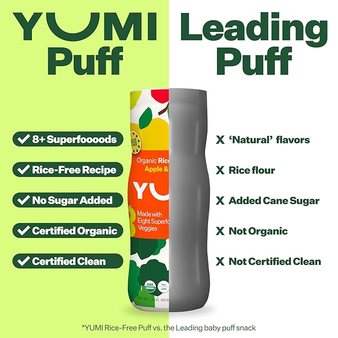 YUMI Rice-Free Baby Puffs - No Sugar Added, Gluten-Free, Non-GMO Organic Baby Snacks Puffs, School Safe for Daycare and Lunchboxes - Alternative to Baby Teething Snacks, Apple & Broccoli (6ct.)