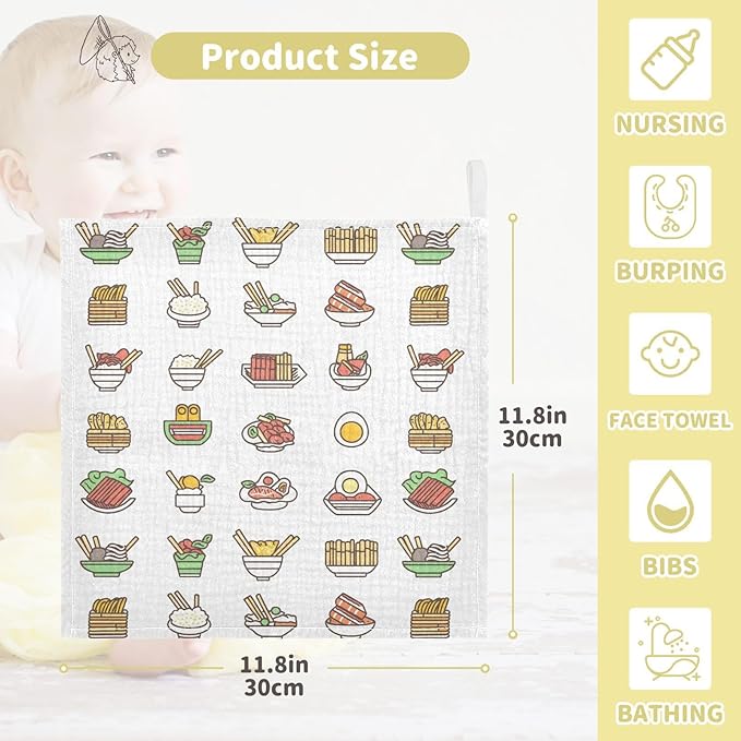 vvfelixl Asian Food Icons Baby Burp Cloths Baby Muslin Washcloths for Boys Girls Cotton Babys Face Towel for Newborn Soft 11.8 X 11.8 in, 5 Pack