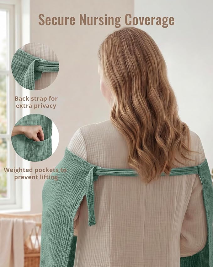 Blissful Diary Muslin Nursing Cover for Breastfeeding, Breathable Breastfeeding Cover up with Arch Neckline for Women, Nursing Apron (Roman Green)