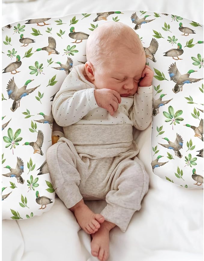 Wild Ducks Green Leaves Baby Nursing Pillow Covers for Boy Girl Green Mallard Ducks Nursing Pillowcase for Breastfeeding Pillows Duck Hunting Animals Soft Stretchy Slipcovers for Newborn Infant