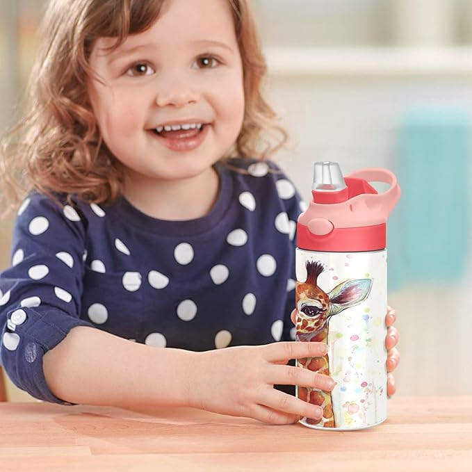 Giraffe Kids Water Bottle with Straw and Carry Handle Cute Animals Vacuum Insulated Stainless Steel Bottles Leak-Proof for Boys Girls Toddler 12 oz Pink Lid