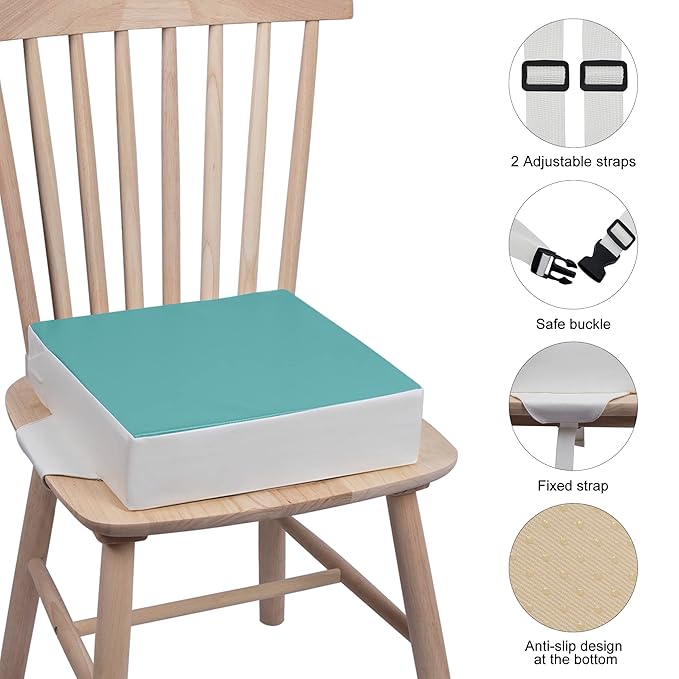 Booster Seat for Dining Table, Waterproof PU Washable Thick Toddler Dining Booster Seat, Kids Booster Seat for Dining Table with 2 Adjustable Straps Safety Buckle