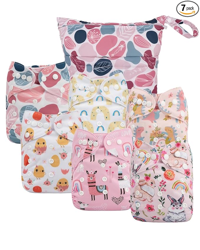 babygoal Cloth Diaper Covers 6 Pack with Wet Bag for Fitted Diapers and Prefolds with Double Gussets, Adjustable and Reusable for Baby Girls