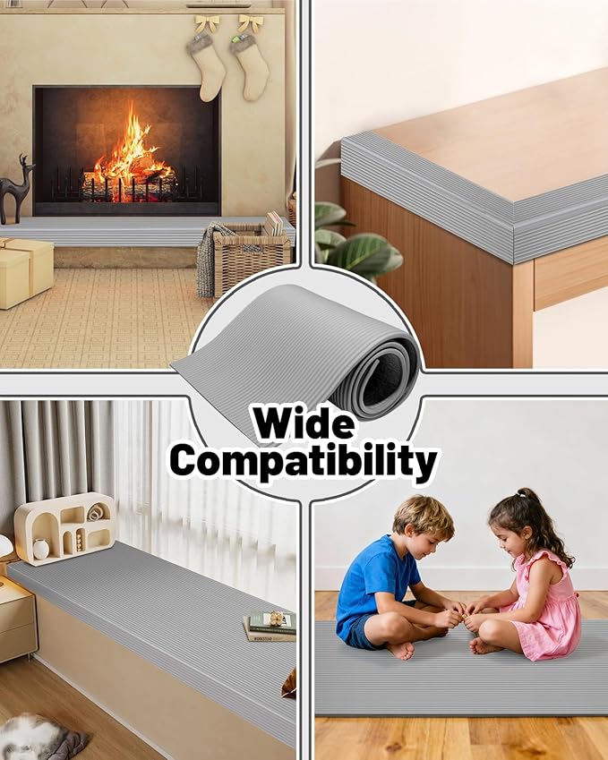 Fireplace Baby Proofing, Soft Seat Edge Cushion with Adhesive Backing, 78'' Foam Hearth Pad for Stone Brick Fire Place Bumper Protector for Toddlers Babies Child, Gray
