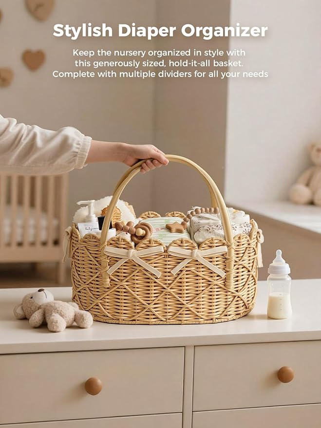 Diaper Caddy Organizer, Hand Rattan Scalloped Diaper Caddy Changing Table Organizer, Wicker Nursery Bakset Picnic Basket Household Organizer, Beige TB31