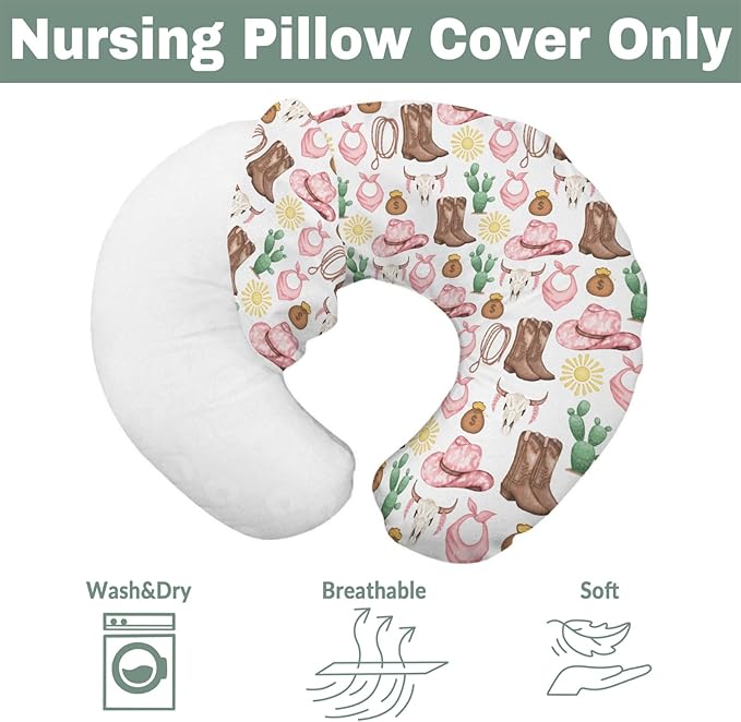 Pink Western Cowgirl Baby Nursing Pillow Covers for Girl Cowgirls Boots Hat Horse Cactus Sun Cow Skulls Nursery Slipcover for Breastfeeding Pillows Wild West Soft Stretchy Cover for Newborn Infant