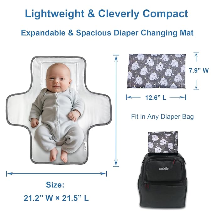 Cute Elephant Portable Diaper Changing Mat,Waterproof Foldable Travel Changing Pad,On-The-Go Wipeable Reusable Changing Pad,Waterproof & Compact,for Diaper Bags,Travel,Car Backseat Changes,Strollers