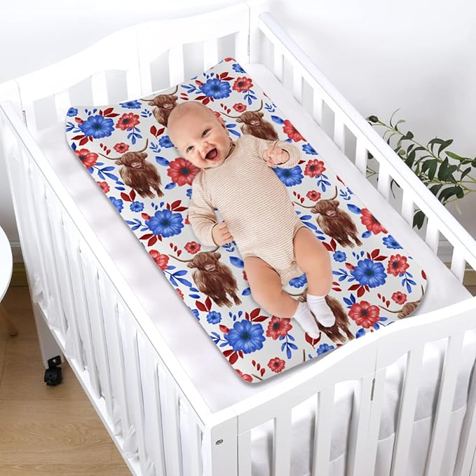 Highland Cows Floral Changing Pad Covers Highland Yak Flowers Leaves Diaper Change Table Pad Covers for Baby Girls and Boys Soft Breathable Stretch Changing Table Cover 32''x16'' Blue Red Flowers