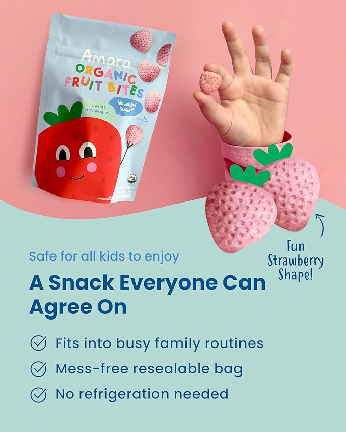 Amara Organic Fruit Bites Sweet Strawberry - No Added Sugar, Dairy-Free, Nut-Free Healthy Fruit Snacks, Made with Organic Whole Foods, Allergy-Friendly Healthy Fruit Snacks for Kids - 21g 6PK