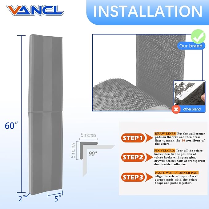 Wall Corner Padding Light Grey Wall Corner Guards Heavy Duty Wall Corner Edge Protector Wall Cushion Mats Waterproof Durable 2 Sides Wall Corner Pads for Safety