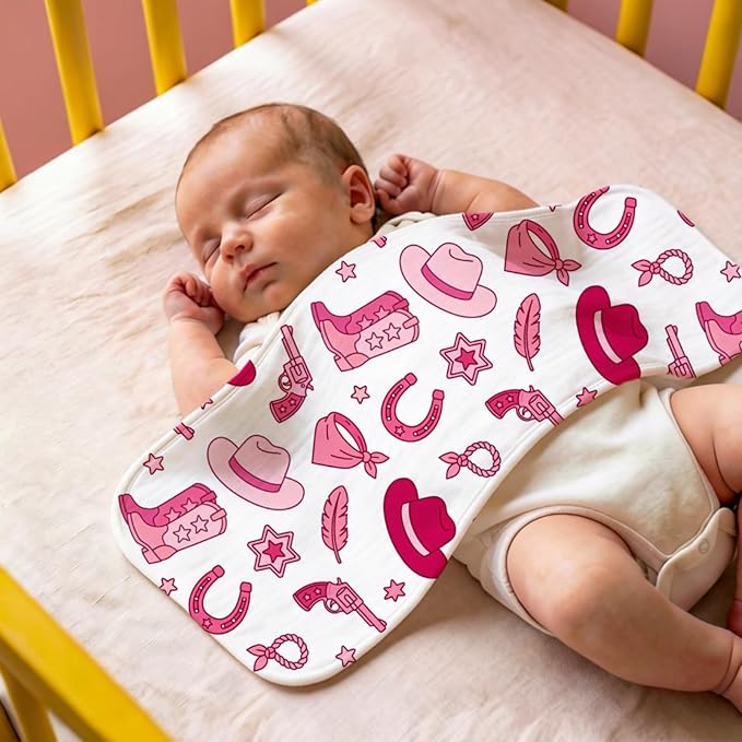 5 Pack Baby Burp Cloths, Soft Cotton Pink Cowgirl & Western Theme Burp Cloths, Super Absorbent Cute Cowboy Boot & Heart Print Washcloths, Newborn Baby Girl Essentials Gift Set