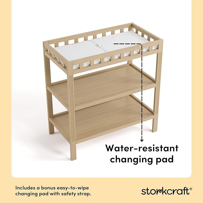 Storkcraft Morningside Changing Table (Driftwood) – GREENGUARD Gold Certified Baby Changing Table, Includes Waterproof Diaper Changing Pad, Easy 30-Minute Assembly, 2 Open Shelves for Storage