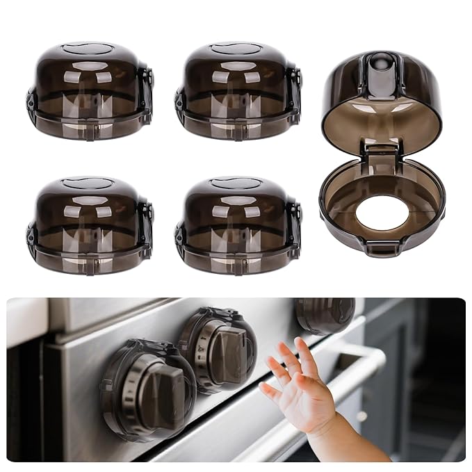 5PCS Stove Knob Covers for Child Safety - Fit Knobs UNDER 2.4" Diameter (Measure it). Heat Resistant, Child Proof Lock with Strong Adhesive & Oil-Proof, Semi-Transparent Cover for Stove and Oven