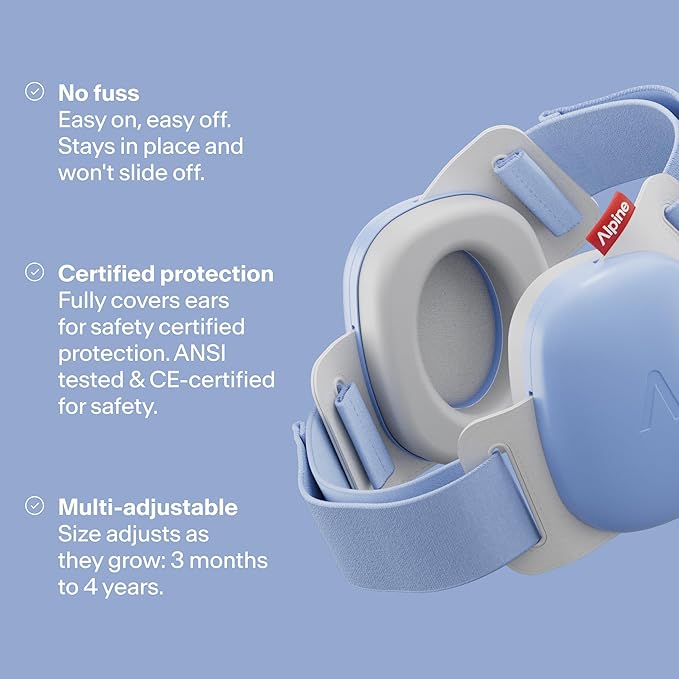 Alpine Muffy Baby Comfort - Protects Hearing for Babies and Toddlers - CE & ANSI Certified - Headband for Safe fit & Comfort - Adjustable for Ages 3-48 Months - 24dB Sound Reduction, Blue