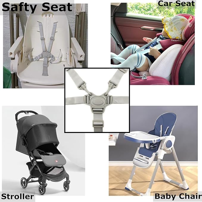 High Chair Straps, Replacement 5 Point Harness Straps for Baby High Chair, Harness Belt for Stroller High Chair Pushchair, Safety and Comfort Material (Grey Button)