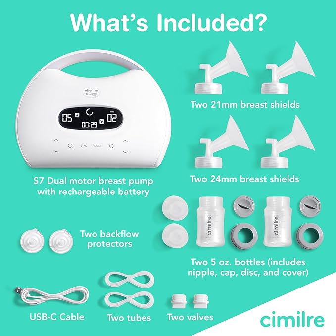 S7 Dual Pro Rechargeable Breast Pump by Cimilre, Customizable Pump Sessions w/Dual Motors, Multiple Cycle Speeds, & Hospital Strength Suction Levels, Double Electric Breast Pump
